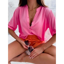 Popular Short Sleeve Stand Collar Loose Button Shirt Top for Women