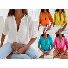 Popular Short Sleeve Stand Collar Loose Button Shirt Top for Women
