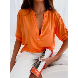 Popular Short Sleeve Stand Collar Loose Button Shirt Top for Women