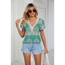 Spring Summer Golden Lace V Neck Petal Short Sleeve Floral T Shirt Top