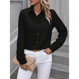 Spring Summer Casual Single Breasted Solid Color Color Matching Long Sleeve Collared Shirt Women Top