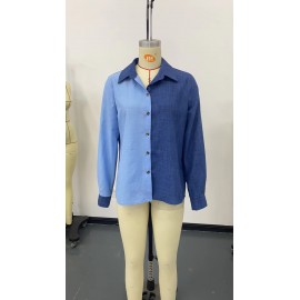 Spring Summer Casual Single Breasted Solid Color Color Matching Long Sleeve Collared Shirt Women Top