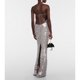 Silver Paillette Dress High Grade Light Luxury Evening Dress Bride Toast Dress Sexy Backless Dress Women