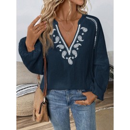 Women Spring V neck Embroidery Cotton Blouses