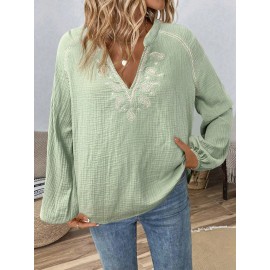Women Spring V neck Embroidery Cotton Blouses
