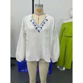 Women Spring V neck Embroidery Cotton Blouses