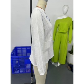 Women Spring V neck Embroidery Cotton Blouses