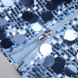 Sequined Blue Sequin V neck Dress with Shoulder Straps Sexy Dress Women Clothing