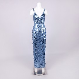 Sequined Blue Sequin V neck Dress with Shoulder Straps Sexy Dress Women Clothing