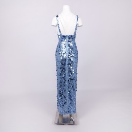 Sequined Blue Sequin V neck Dress with Shoulder Straps Sexy Dress Women Clothing