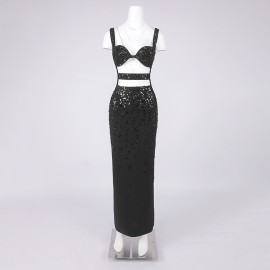 Women Clothing Handmade Embroidered Beads Sling Slim Sheath Dress Tight Bandage Dress Formal Dress