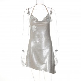 Spring Women Clothing Halter Swing Collar Sexy Backless Bronzing Slim Dress