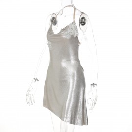 Spring Women Clothing Halter Swing Collar Sexy Backless Bronzing Slim Dress