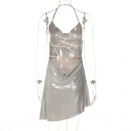 Spring Women Clothing Halter Swing Collar Sexy Backless Bronzing Slim Dress
