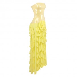 French Tight Waist Yellow Tube Top Dress Holiday Backless Summer Ruffles Women Clothing Tight Waist