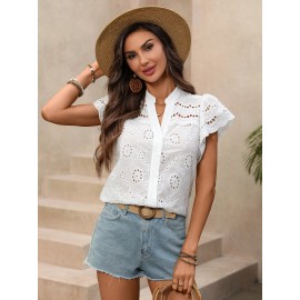 French Vintage Single Row Multi Buckle Hollow Out Cutout out Solid Color V neck Shirt