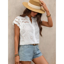 French Vintage Single Row Multi Buckle Hollow Out Cutout out Solid Color V neck Shirt