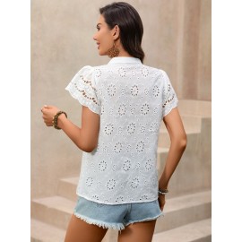 French Vintage Single Row Multi Buckle Hollow Out Cutout out Solid Color V neck Shirt
