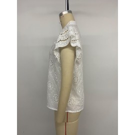 French Vintage Single Row Multi Buckle Hollow Out Cutout out Solid Color V neck Shirt