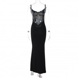 Summer Sequined Butterfly Decoration Solid Color Sexy Suspenders Backless Dress