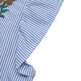 Retro Vacation Striped Embroidered Flounced Sleeve Collared Shirt for Women