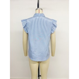 Retro Vacation Striped Embroidered Flounced Sleeve Collared Shirt for Women