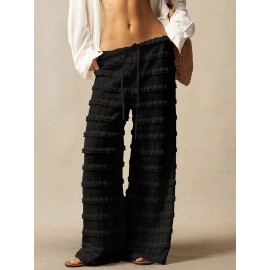 Street All Match Solid Color Lace Jacquard Hollow Out Cutout out Stitching Lace up Straight Trousers