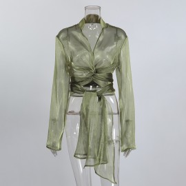 Long Sleeve Mesh High Grade Green Sheer Long Sleeve Waist Controlled Lace up Cardigan Shirt Women Sexy Shirt Top