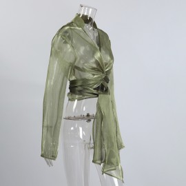 Long Sleeve Mesh High Grade Green Sheer Long Sleeve Waist Controlled Lace up Cardigan Shirt Women Sexy Shirt Top