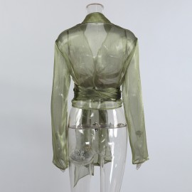 Long Sleeve Mesh High Grade Green Sheer Long Sleeve Waist Controlled Lace up Cardigan Shirt Women Sexy Shirt Top