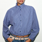 Women Clothing Elegant Bubble Long Sleeve Turtleneck Single Breasted Drawstring Plaid Shirt