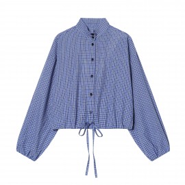Women Clothing Elegant Bubble Long Sleeve Turtleneck Single Breasted Drawstring Plaid Shirt