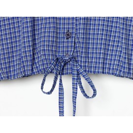 Women Clothing Elegant Bubble Long Sleeve Turtleneck Single Breasted Drawstring Plaid Shirt