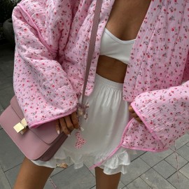 Champray Printed Loose Top V neck Long Sleeve Lace up Cardigan Shirt Women Clothing