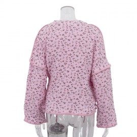 Champray Printed Loose Top V neck Long Sleeve Lace up Cardigan Shirt Women Clothing