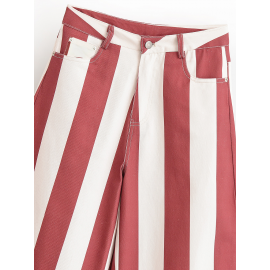 Women Clothing Summer Retro Casual Loose Striped Tapered Jeans