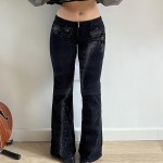 Street Rhinestone Floral Starry Sky Printed Trousers Women Casual All Match Sexy Woven Bootcut Trousers