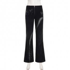Street Rhinestone Floral Starry Sky Printed Trousers Women Casual All Match Sexy Woven Bootcut Trousers