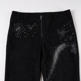 Street Rhinestone Floral Starry Sky Printed Trousers Women Casual All Match Sexy Woven Bootcut Trousers