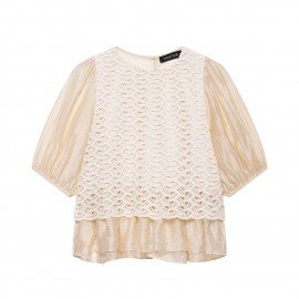 Women Clothing Summer Hollow Out Cutout Crochet Stitching Design Chic Short Sleeve Top
