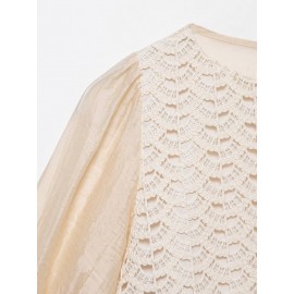 Women Clothing Summer Hollow Out Cutout Crochet Stitching Design Chic Short Sleeve Top