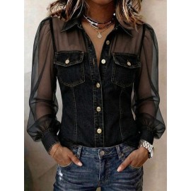 Women Spring Summer Autumn V neck Lace Long Sleeve Top
