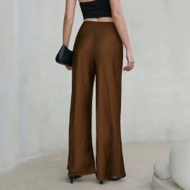 Women Clothing Drawstring Satin Trousers High Waist Solid Color Wide Leg Pants