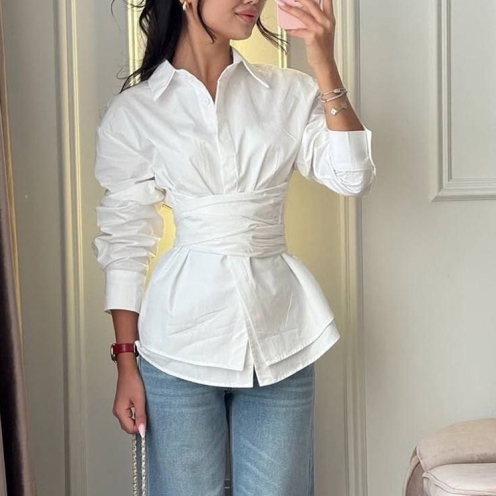 Casual Lace up Shirt Women Simple Collared Long Sleeve Cardigan Shirt French Top