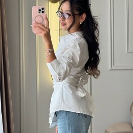 Casual Lace up Shirt Women Simple Collared Long Sleeve Cardigan Shirt French Top