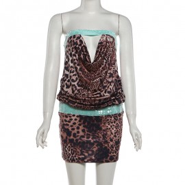 Summer Women Sequined Sexy Leopard Print Hollow Out Cutout out Tube Top Dress