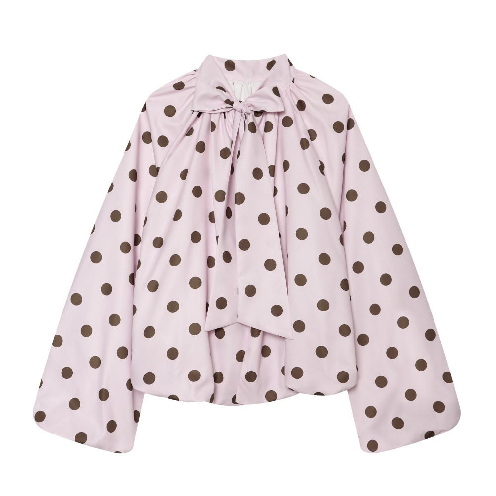 Women Clothing French Polka Dot Sleeve Top Back Bow Design Blouses