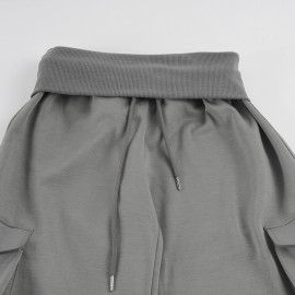 Street Work Clothes Pocket Waist Drawstring Straight Cropped Pants Casual Laid Back Loose Wide Leg Pants