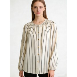 French round Neck Striped Top Women Summer Loose All Matching Lazy Striped Shirt