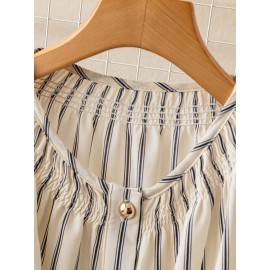 French round Neck Striped Top Women Summer Loose All Matching Lazy Striped Shirt